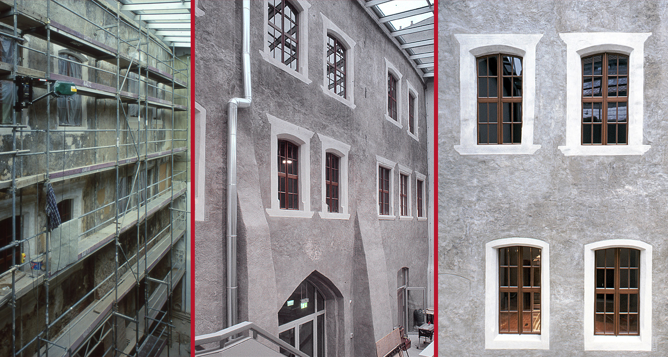 Übersichtsaufnahme im Vorzustand / Schlusszustand / Schlusszustand zweier Fensterachsen - Schlesisches Museum Schönhof Görlitz